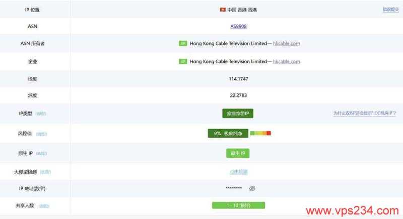 丽萨主机双ISP住宅IP香港家宽VPS网络测试-IP属性