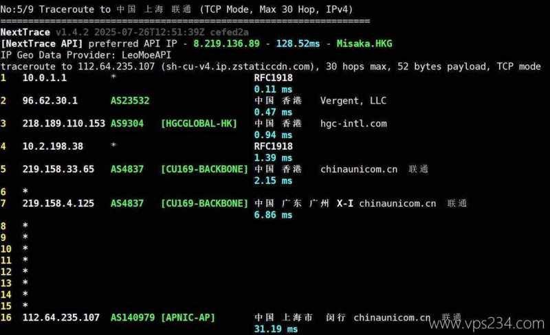 莱卡云香港家宽VPS网络测试-联通回程路由