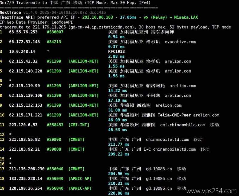 VPSServer美国VPS测评-移动回程路由