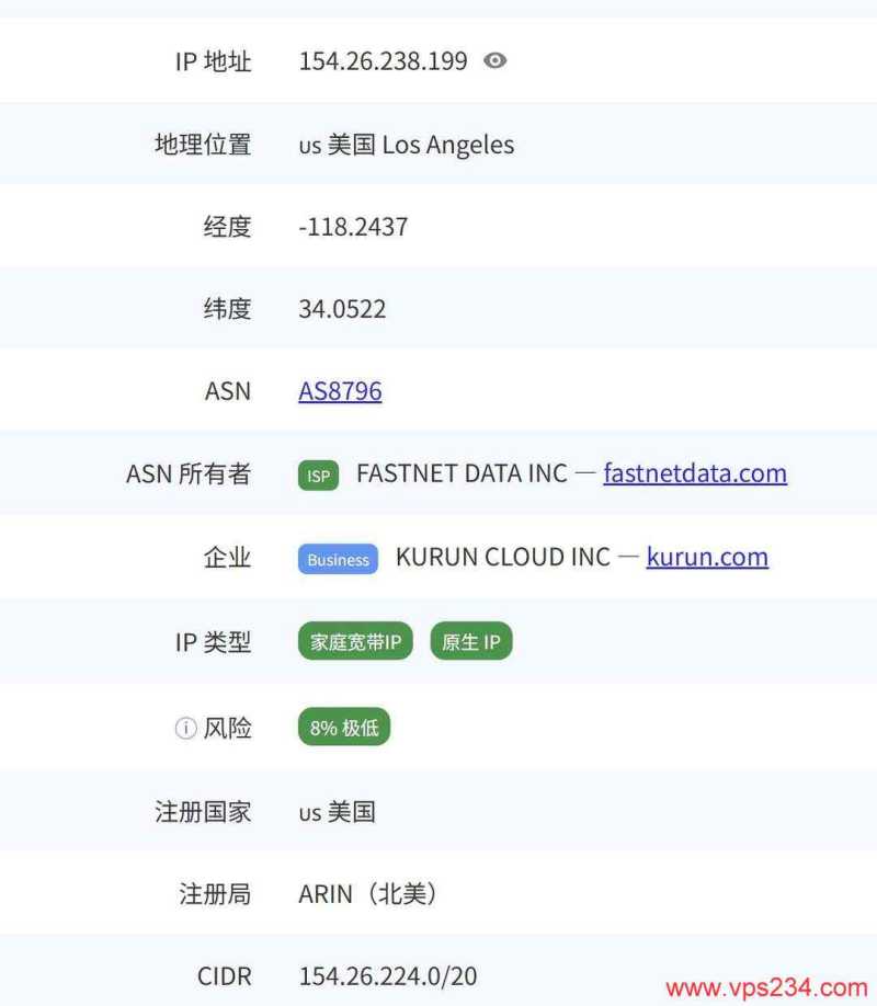 电芒云美国VPS网络测试-IP属性