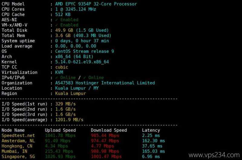 Hostinger马来西亚VPS网络测试-性能和速度