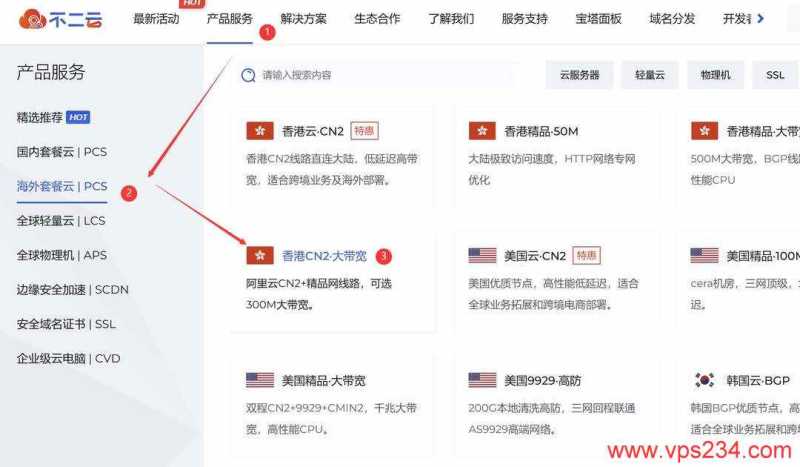 不二云香港大带宽VPS云服务器购买教程-首页入口