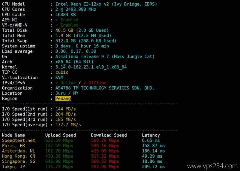 荫云马来西亚家宽VPS网络测试-性能和速度