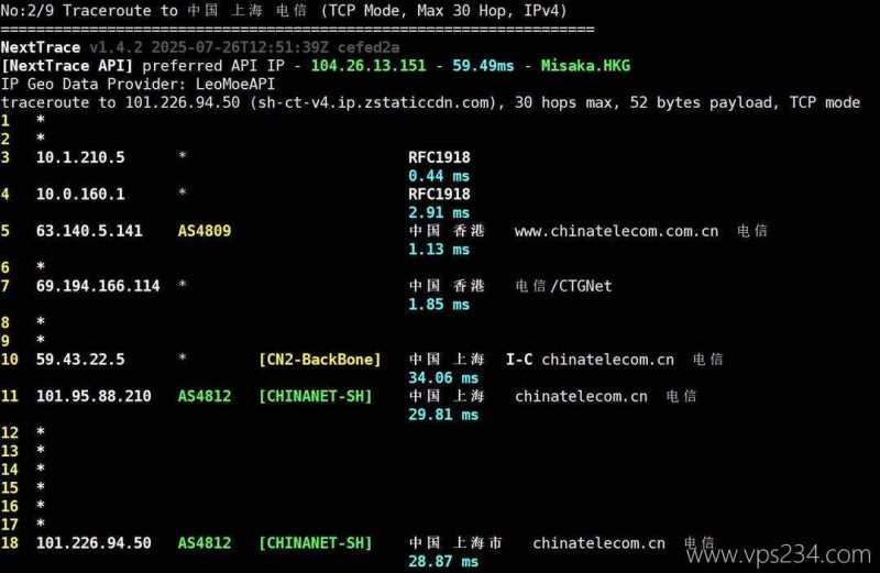 华纳云香港服务器网络测试-电信回程路由