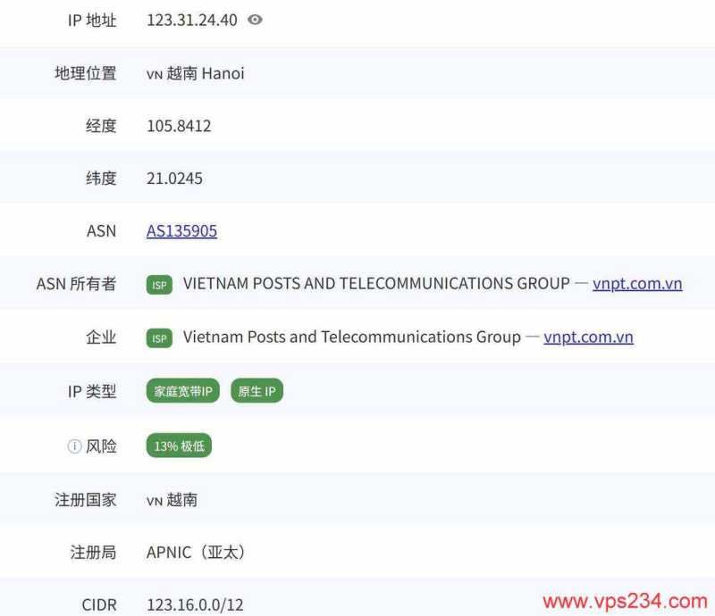 TotHost独享带宽越南家宽VPS网络测试-IP的ISP类型测试