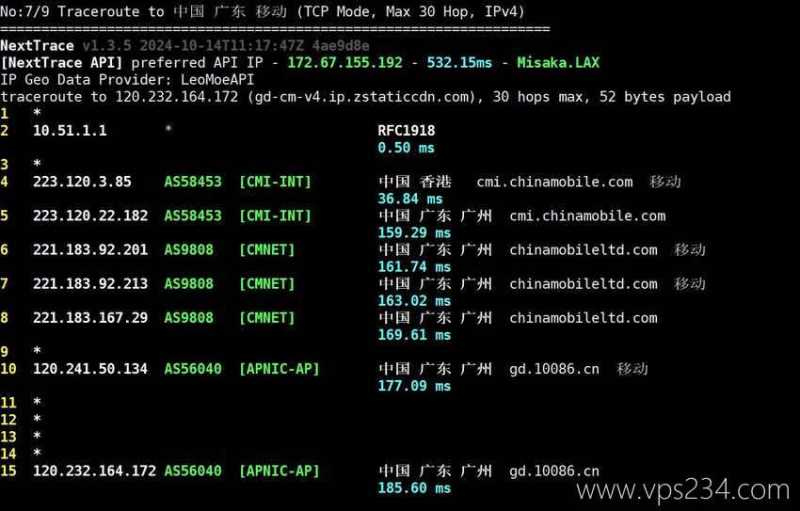 丽萨主机香港VPS测评 - 移动回程路由