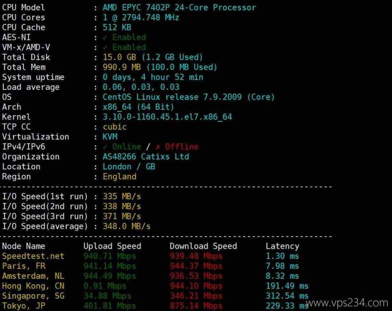 吉云英国家宽VPS网络测试-性能和速度