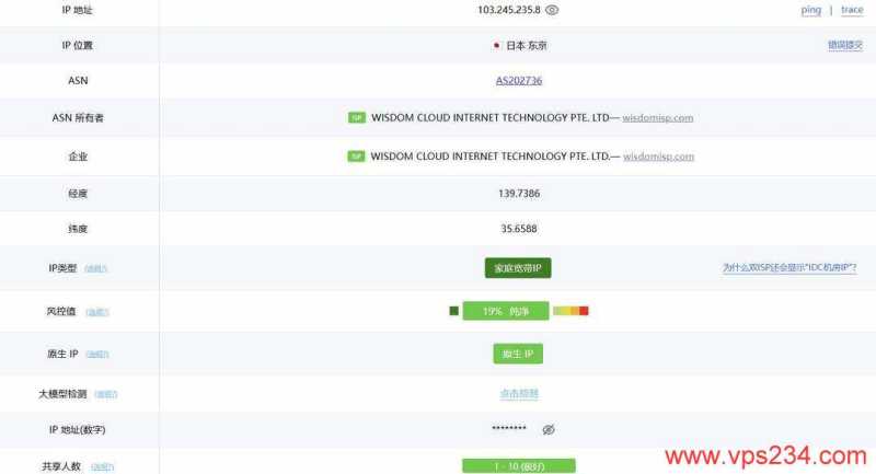 荫云日本家宽VPS网络测试-IP属性