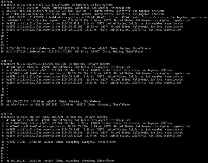 OneVPS美国VPS测试 - 电信回程路由