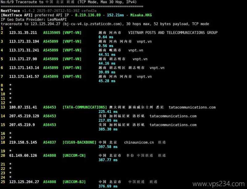 荫云越南家宽VPS网络测试-联通回程路由