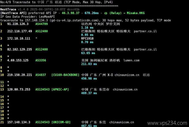 VPSServer以色列VPS测评-联通回程路由