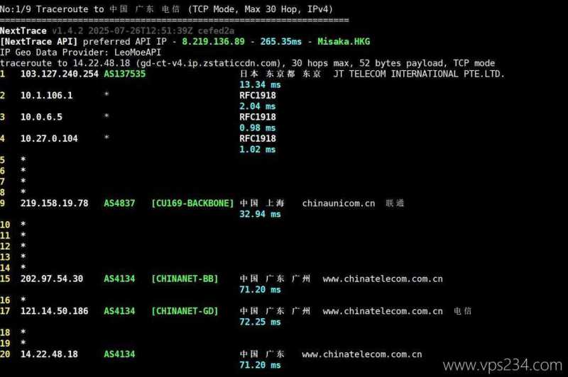 华纳云日本服务器网络测试-电信回程路由