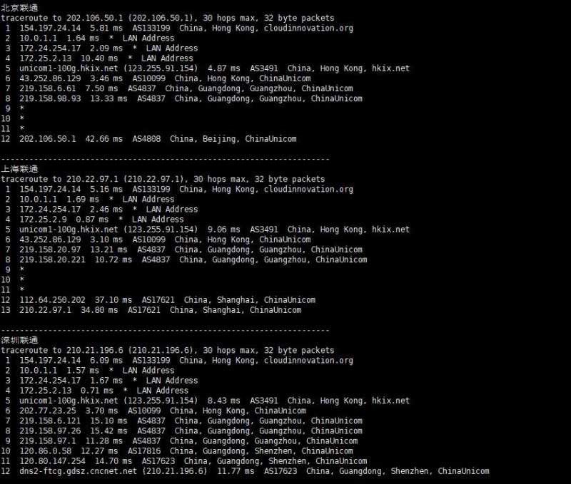 F7CLOUD香港VPS测评 - 联通回程路由