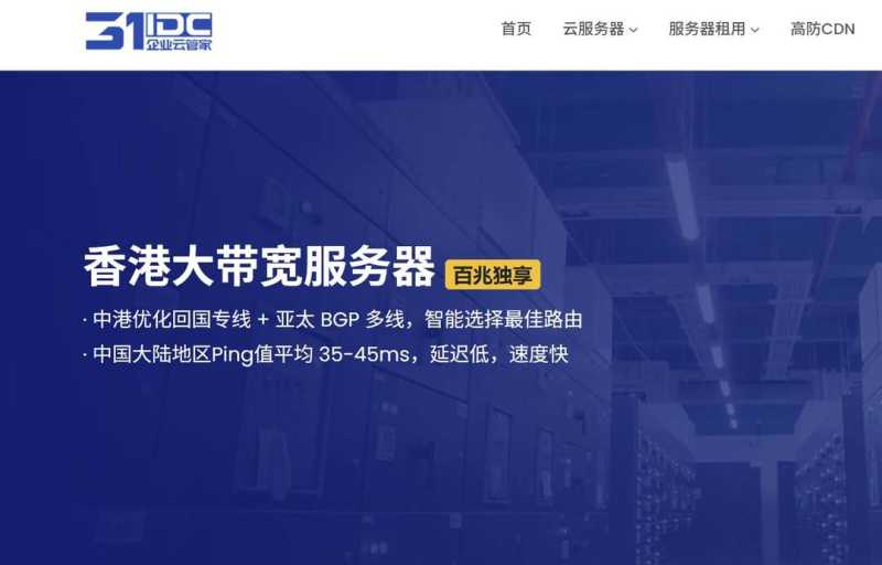31IDC：香港大带宽服务器推荐-高达300Mbps带宽-网络稳定