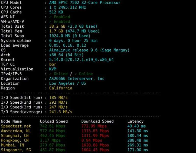 InterServer美国VPS网络测试-性能和速度