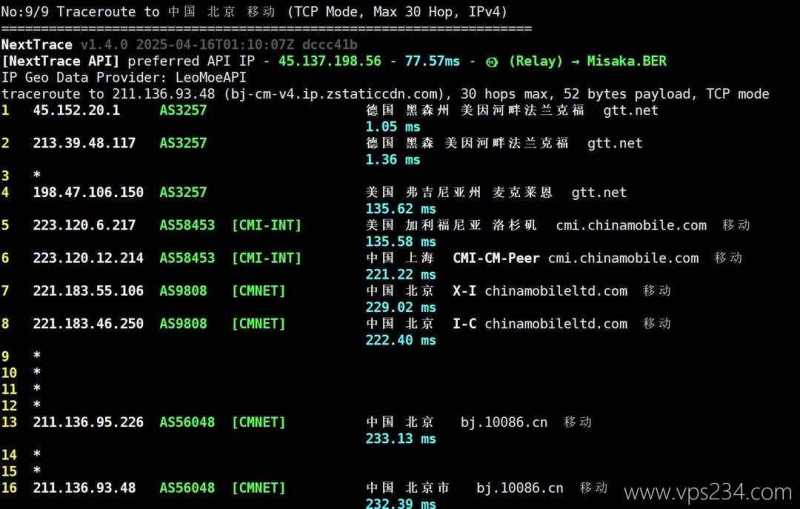 丽萨主机德国家宽VPS网络测试-移动回程路由
