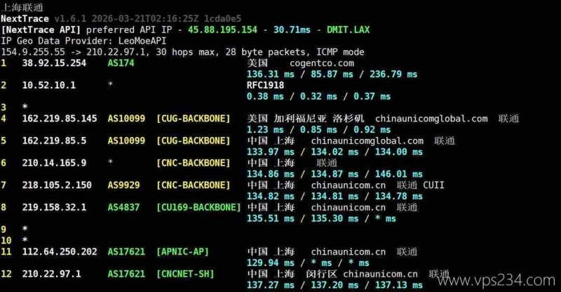 雨云的美国VPS网络测试-联通回程路由