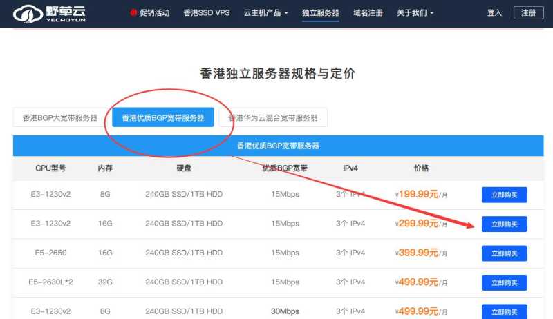 野草云香港独立服务器购买教程