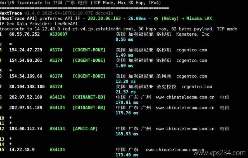 VPSServer美国VPS测评-电信回程路由