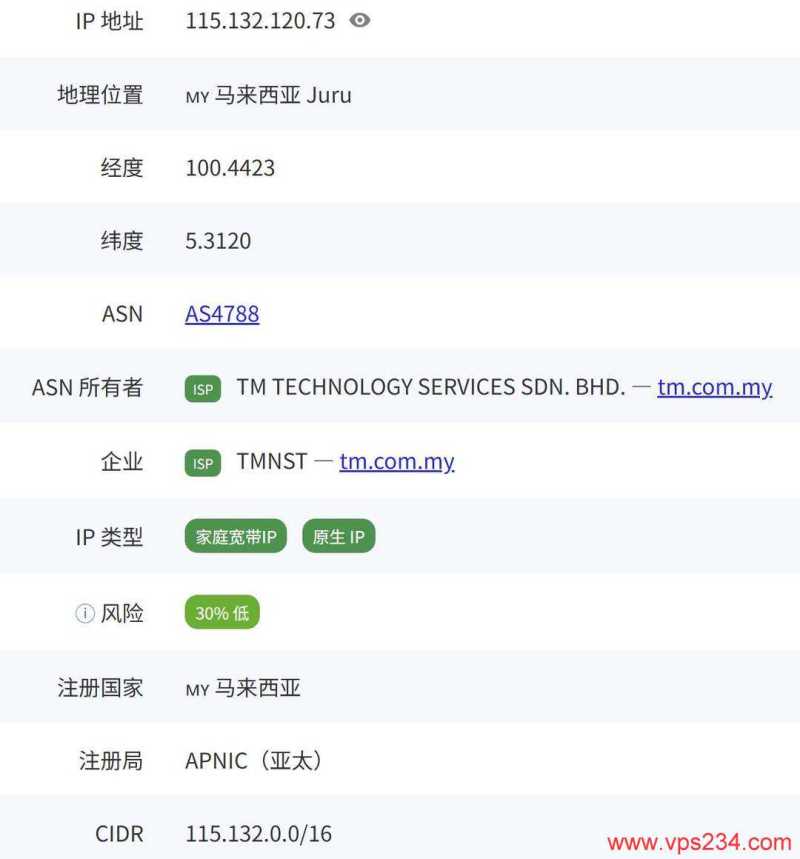 荫云马来西亚家宽VPS网络测试-IP属性
