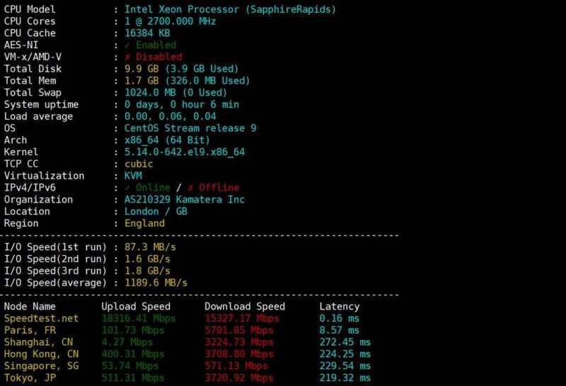 Kamatera英国VPS网络测试-性能和速度