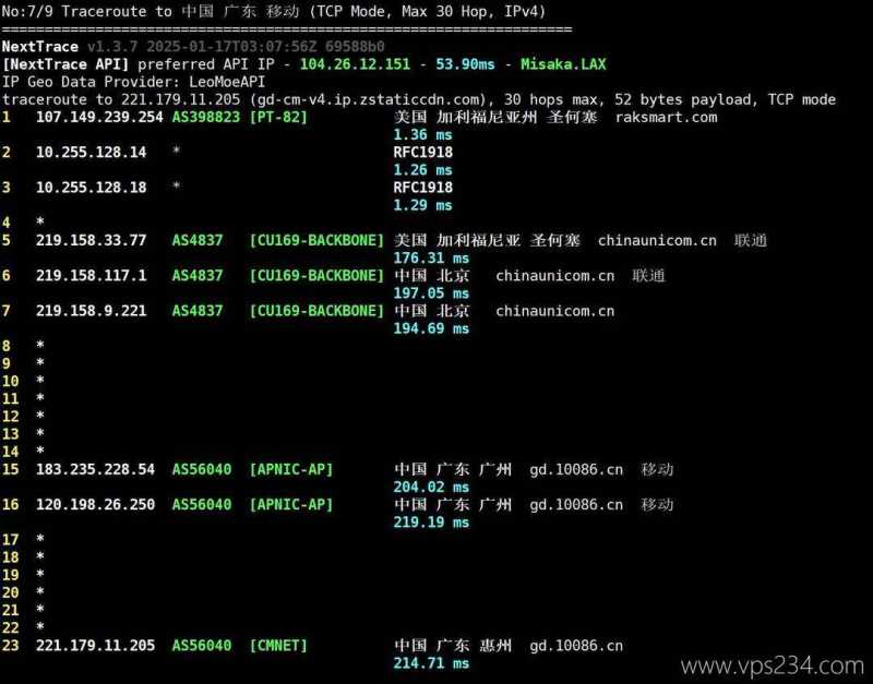 RAKsmart美国VPS测评-移动回程路由