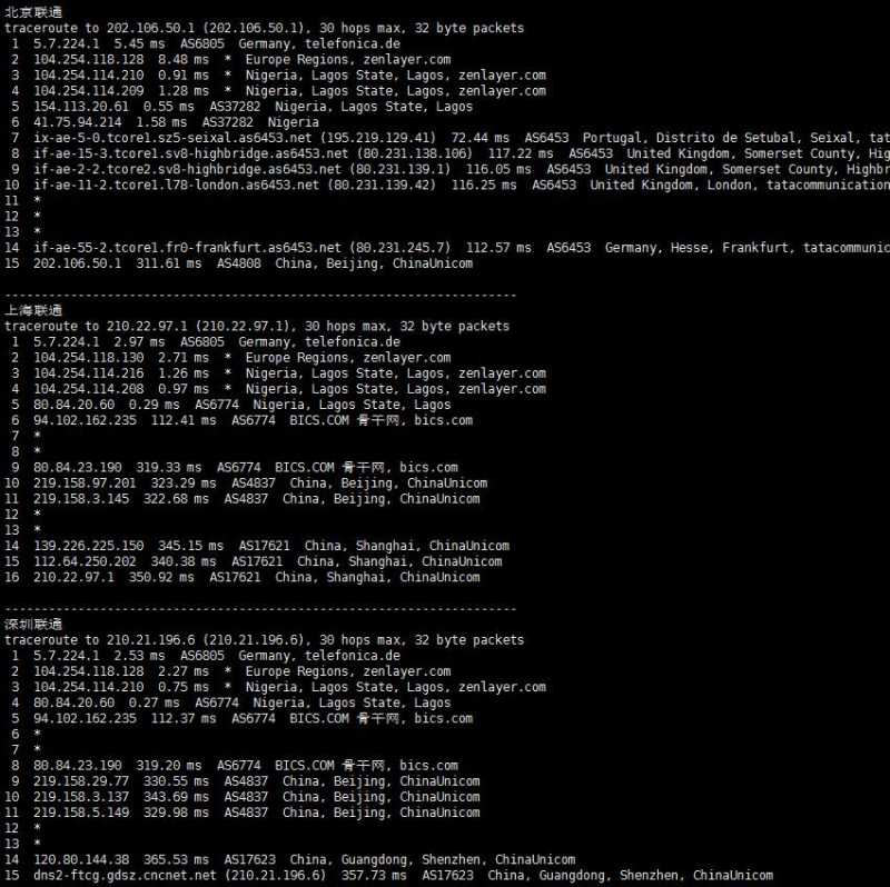 arkecx非洲VPS测评 - 联通回程路由