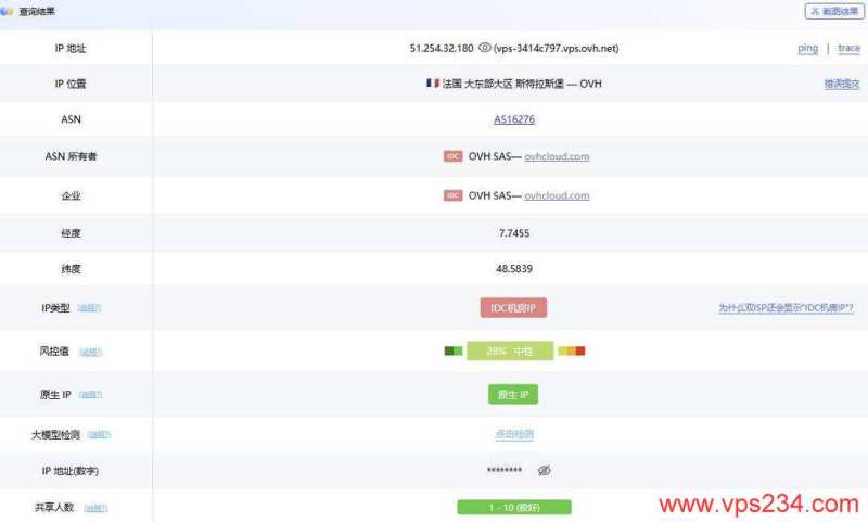 VPB法国VPS网络测试-IP属性