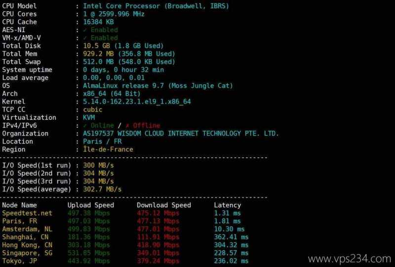 荫云法国家宽VPS网络测试-性能和速度