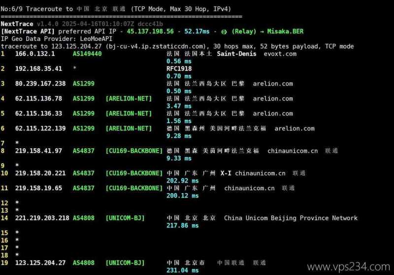 Evoxt法国VPS网络测试-联通回程路由