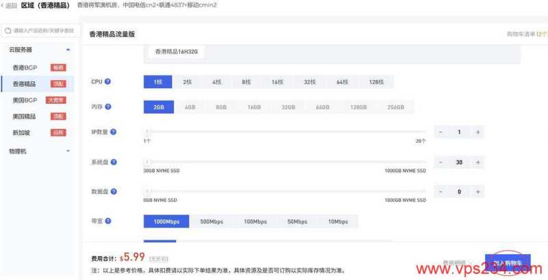 电芒云香港VPS购买教程-配置选择