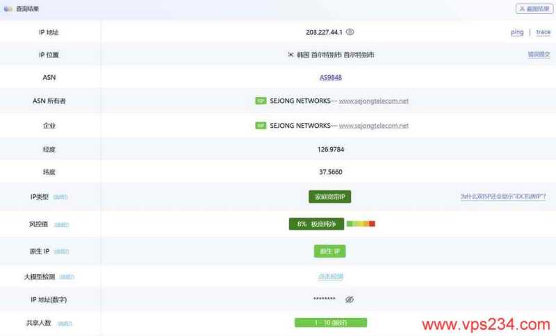 遨游主机韩国家宽VPS网络测试-IP属性