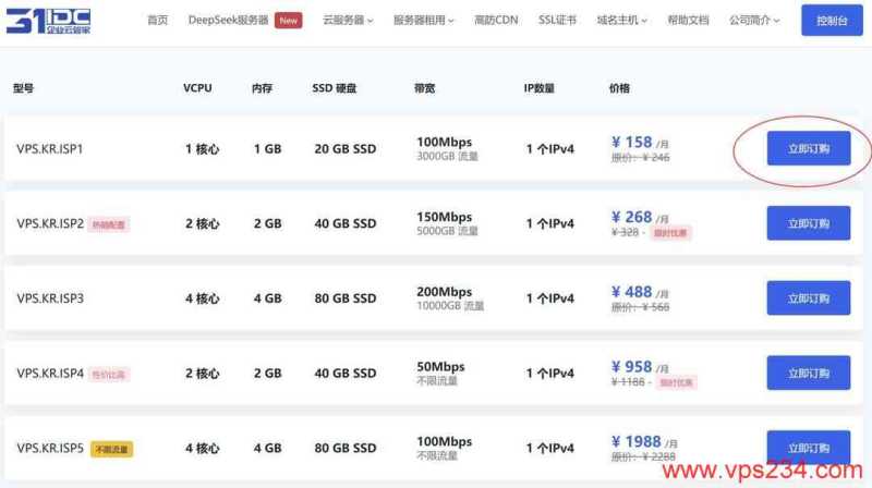 31IDC韩国家宽VPS购买教程-套餐选择