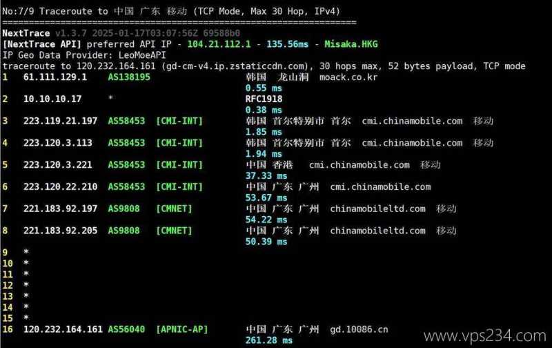 莱卡云韩国VPS测评-移动回程路由