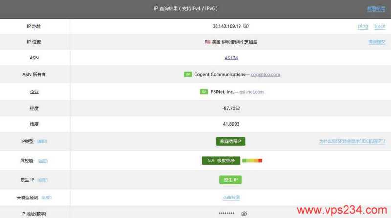 丽萨主机芝加哥机房美国家宽VPS网络测试-IP属性