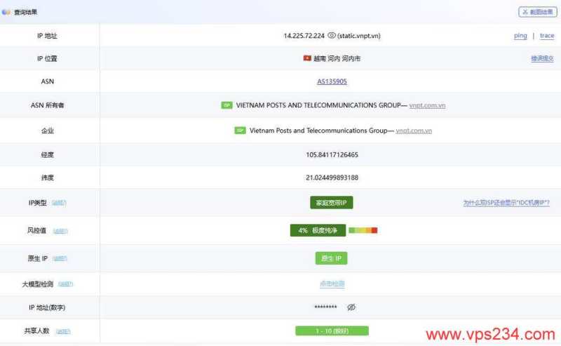 荫云越南家宽VPS网络测试-IP属性