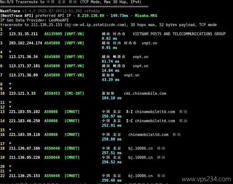 荫云越南家宽VPS网络测试-移动回程路由