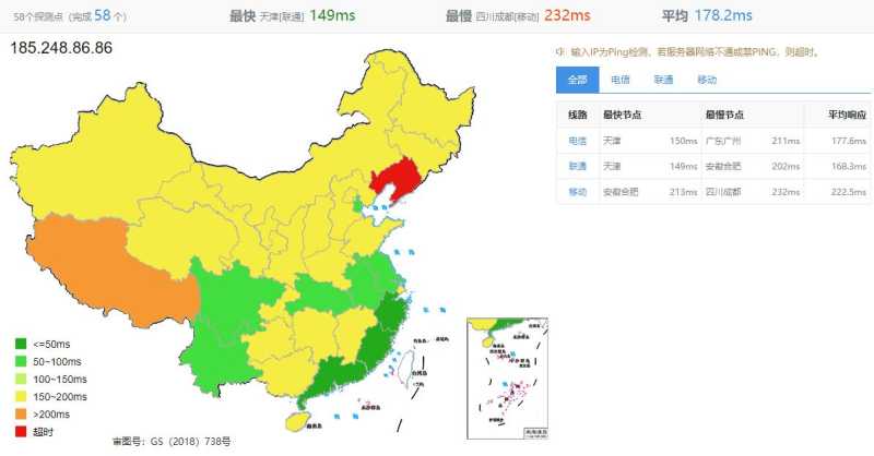V.PS英国VPS测评 - 全国三网Ping延迟效果