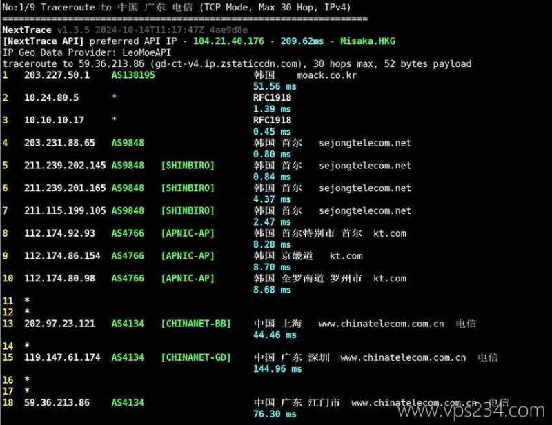 荫云韩国VPS测评 - 电信回程路由