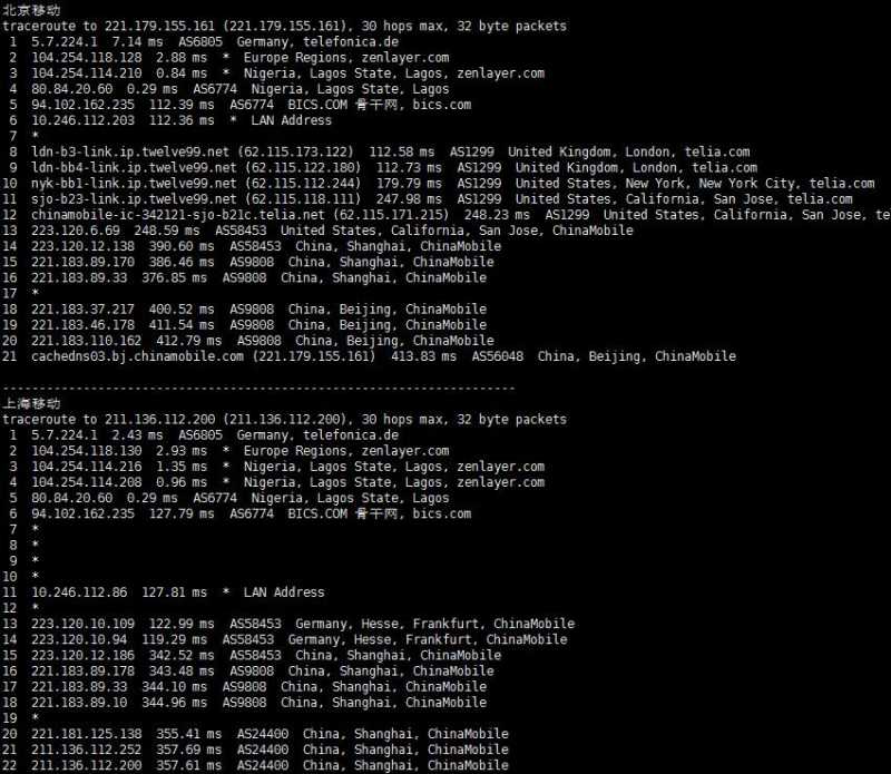 arkecx非洲VPS测评 - 移动回程路由