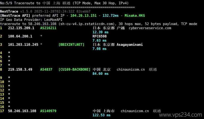Skyline Connect日本VPS网络测试-联通回程路由