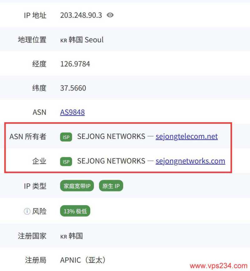 IPRaft韩国VPS网络测试-IP的ISP类型