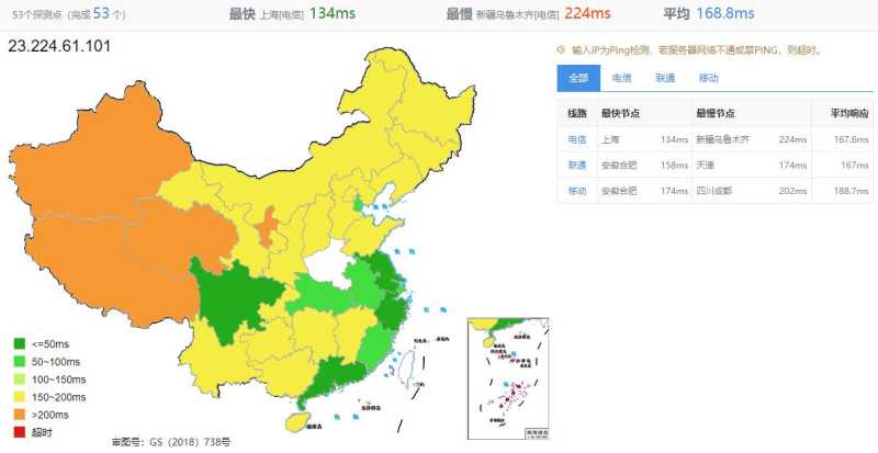 爱用云互联美国VPS测评 - 全国三网Ping平均延迟