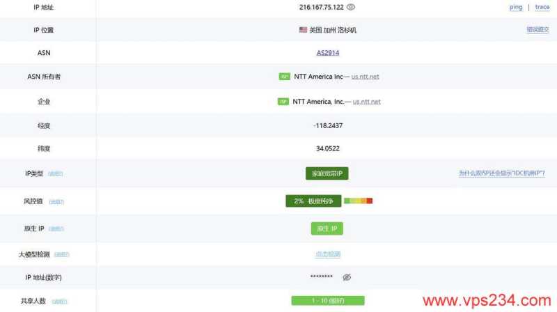 莱卡云美国家宽VPS网络测试-IP属性