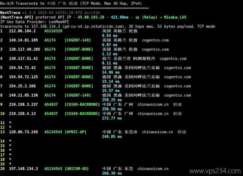 VPSServer英国VPS测评-联通回程路由