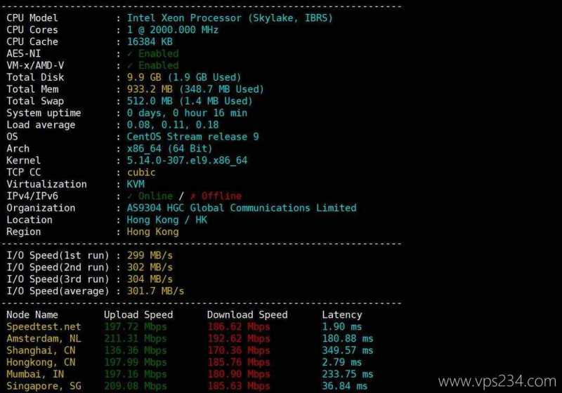 荫云香港家宽VPS网络测试-性能和下载速度