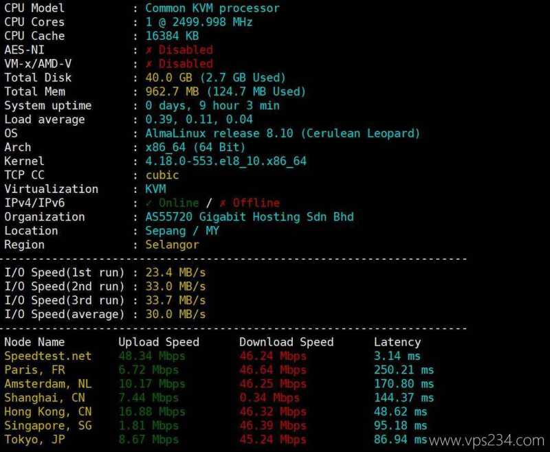 VPS Malaysia马来西亚网络测试-速度