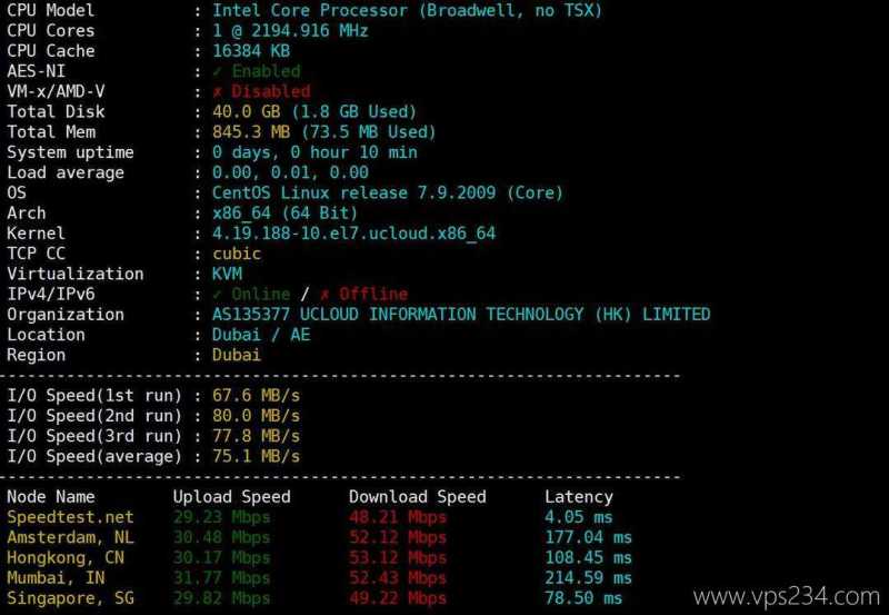 UCloud中东VPS网络测试-性能和速度