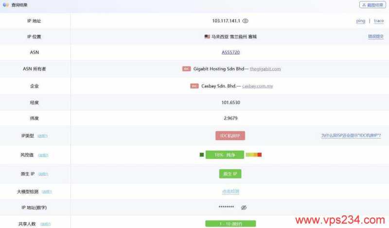 Casbay马来西亚VPS网络测试-IP属性