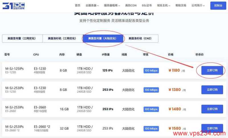 31IDC圣何塞节点美国站群服务器购买教程-套餐选择